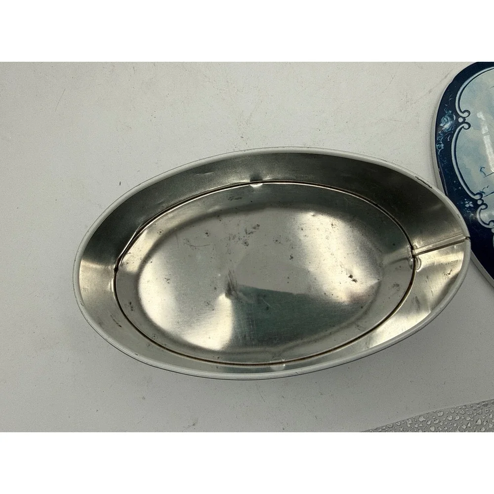 Droste Haarlem Holland Vintage Oval Metal Tin Blue White Nautical Sailing Ship